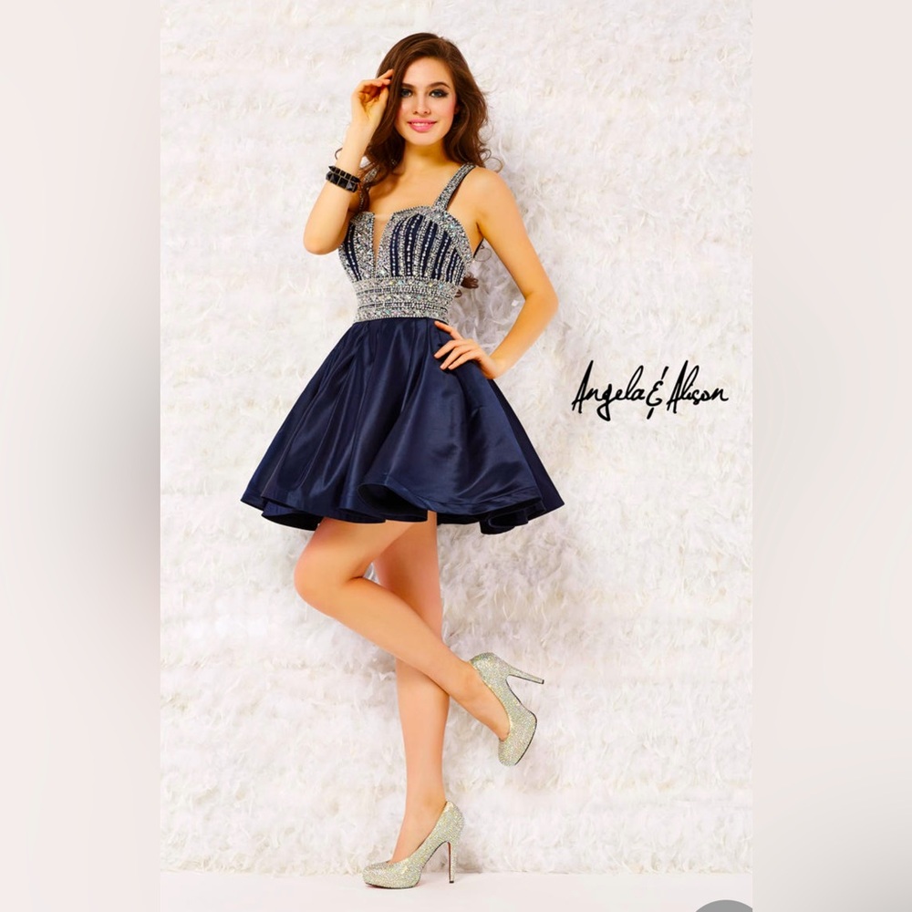 Angela & Alison 52070 Navy Blue Rhinestone Embellished Short Dress(sz10)
